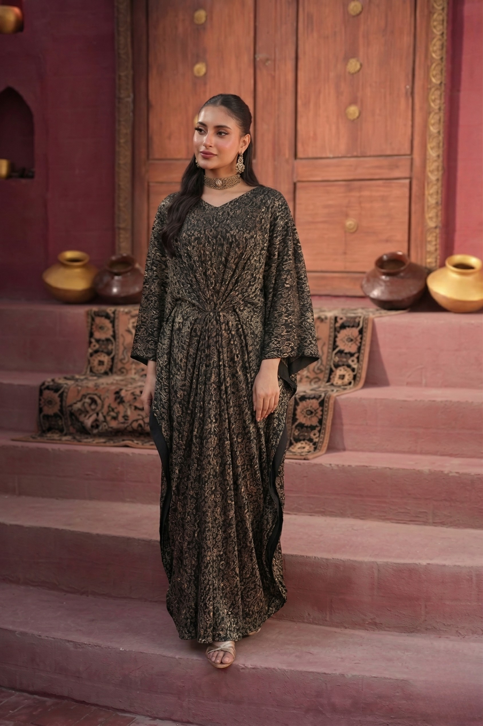 METALLIC BUTTERFLY KAFTAN - BLACK