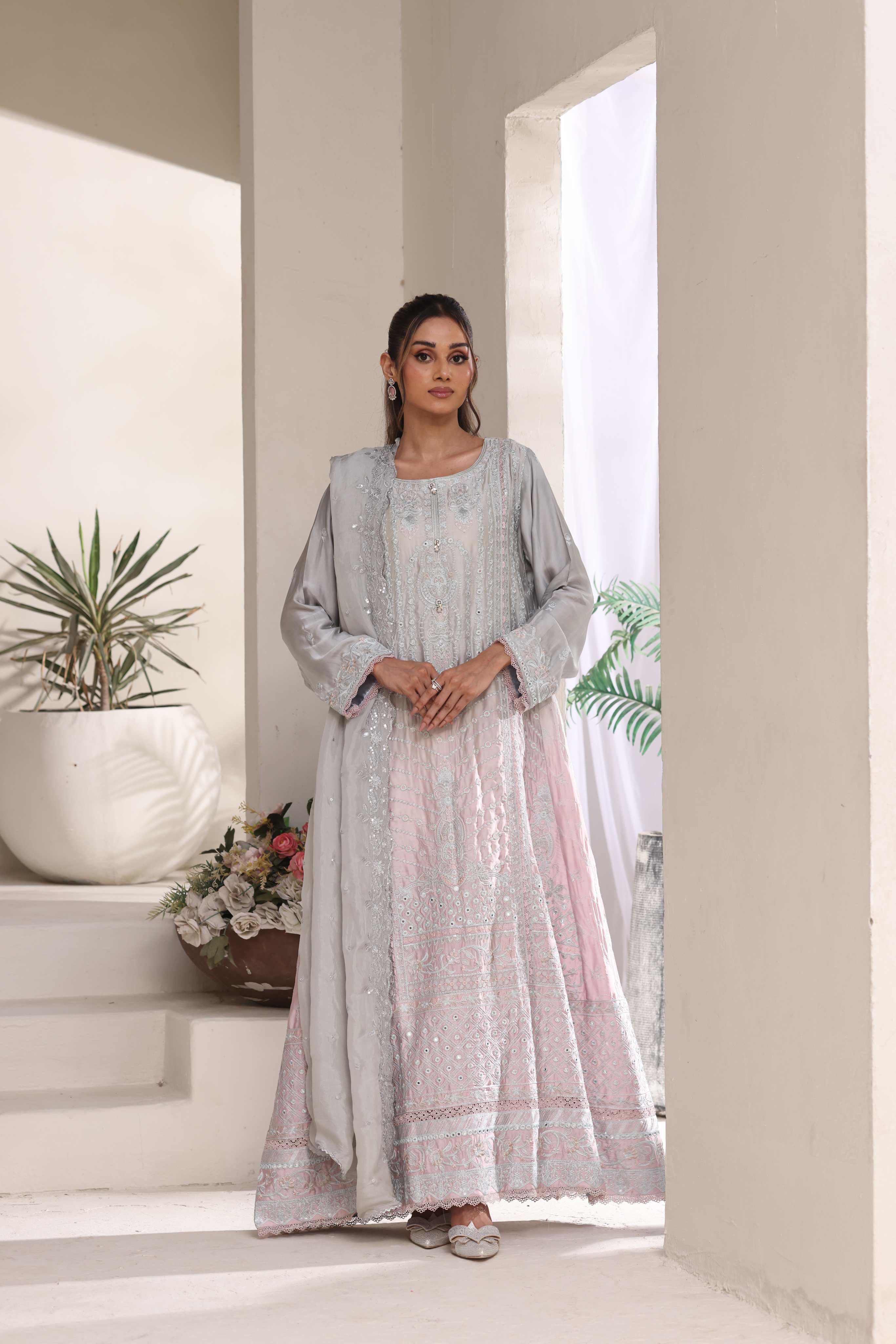Areeba Silk Gown 3 Piece Set - Grey to Pink