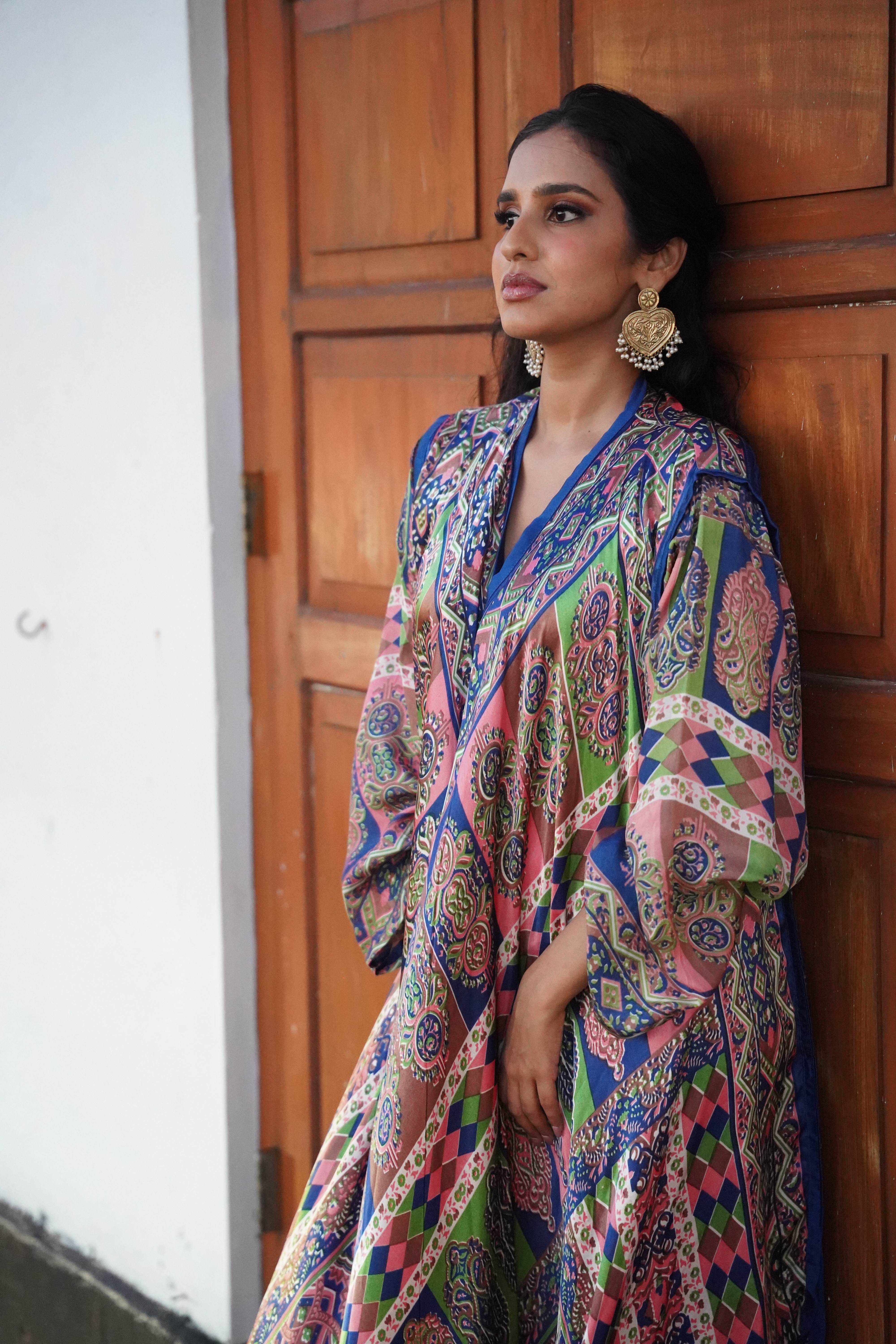Printed Flared Kaftan - Navy Blue & Salmon Pink