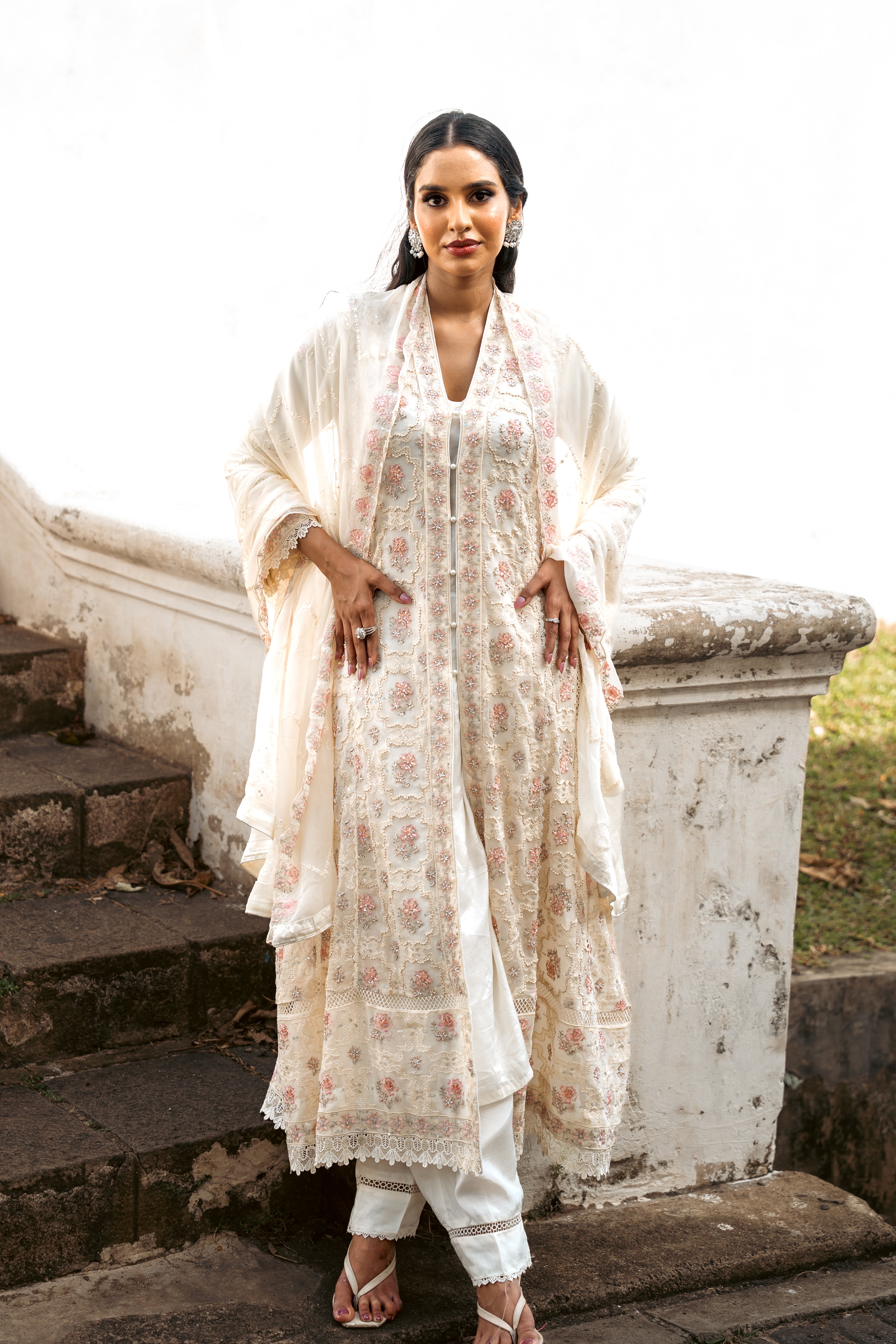 Embellished Long Freya 3 Piece Set - Pearl White
