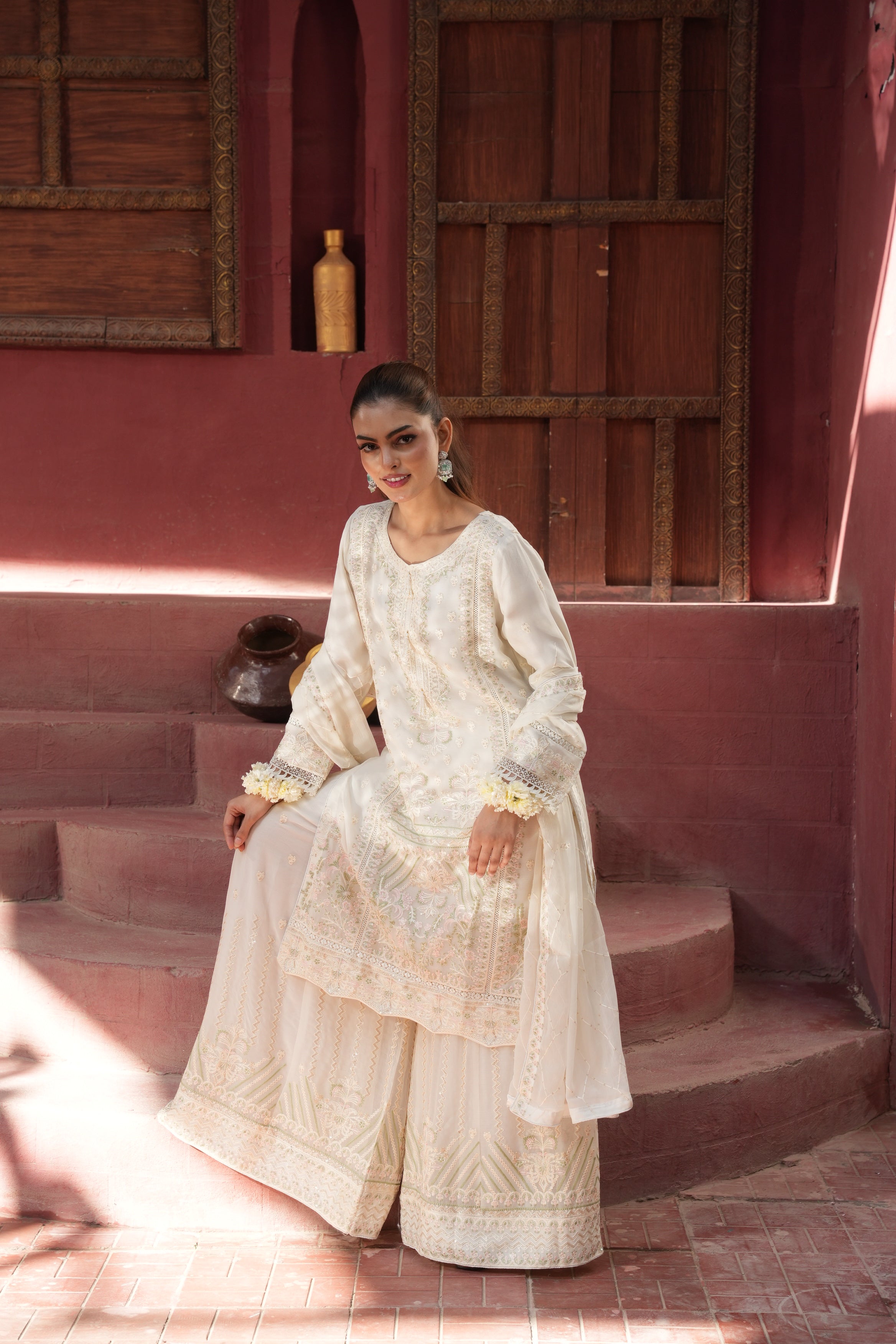 Areeba Palazzo 3 Piece Set - Off White