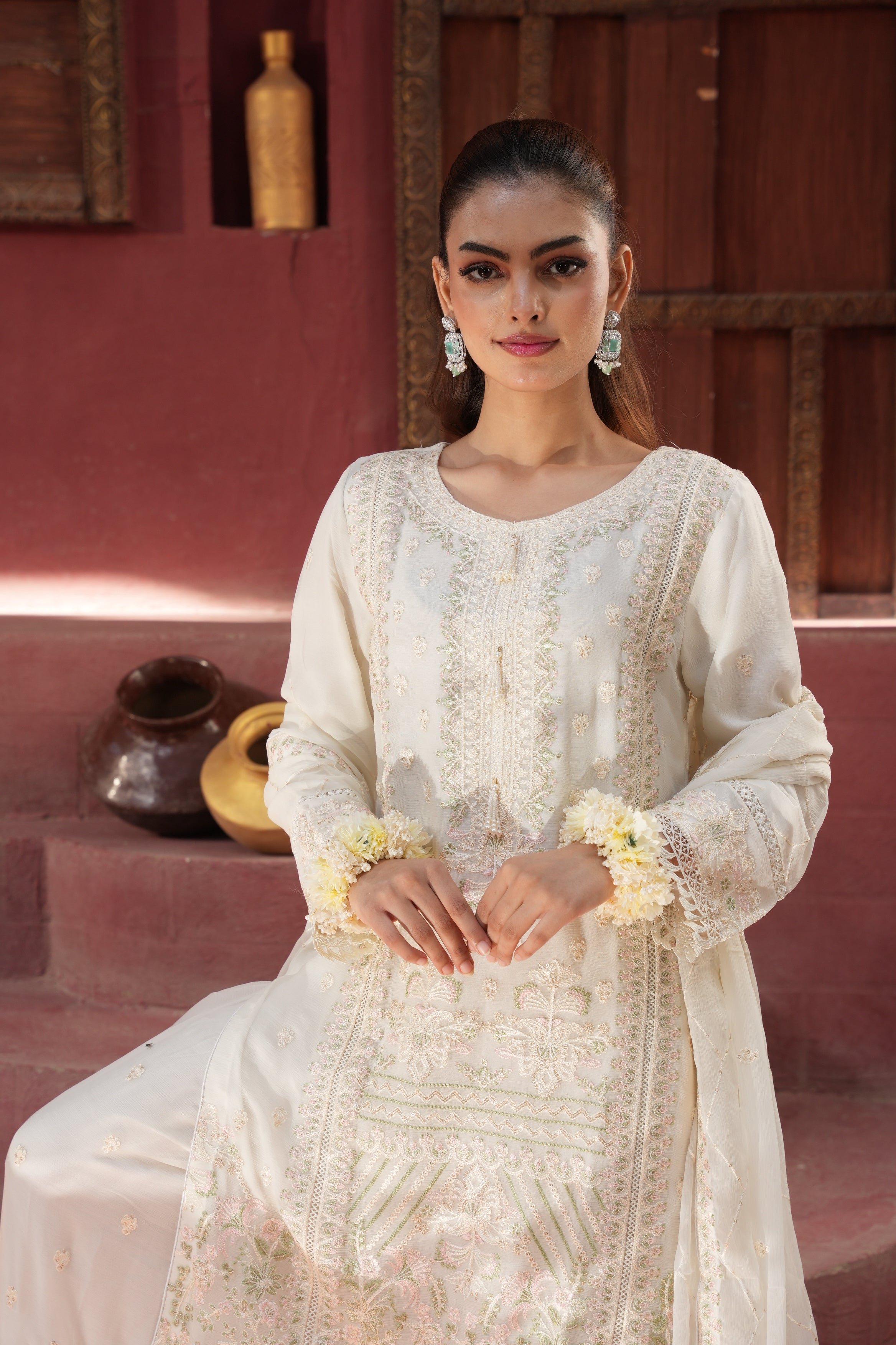 Areeba Palazzo 3 Piece Set - Off White
