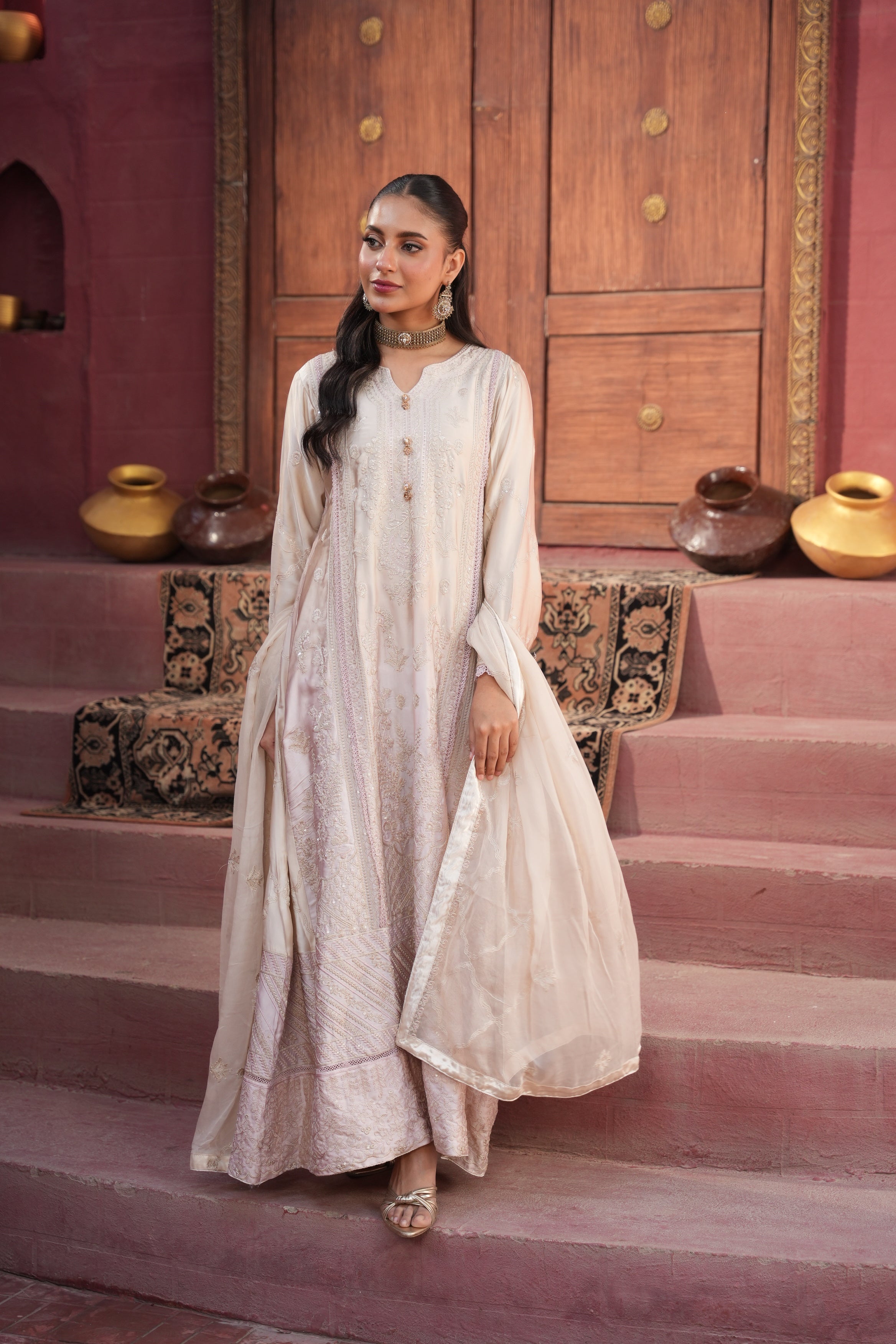 Areeba Silk Gown 3 Piece Set - Beige to Pink