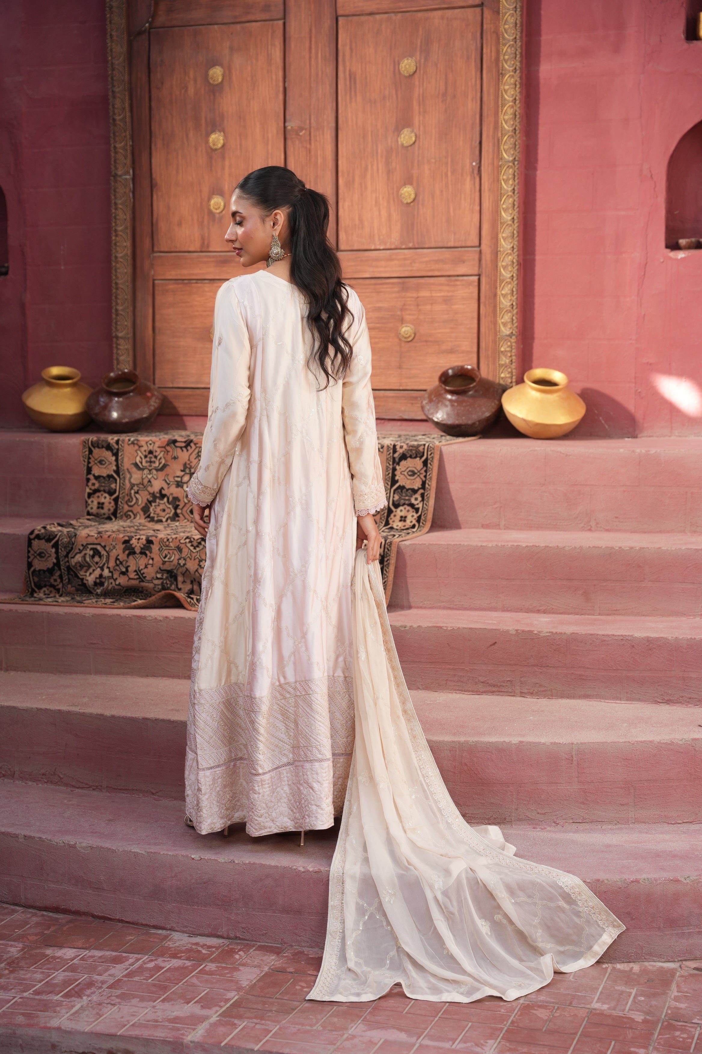Areeba Silk Gown 3 Piece Set - Beige to Pink