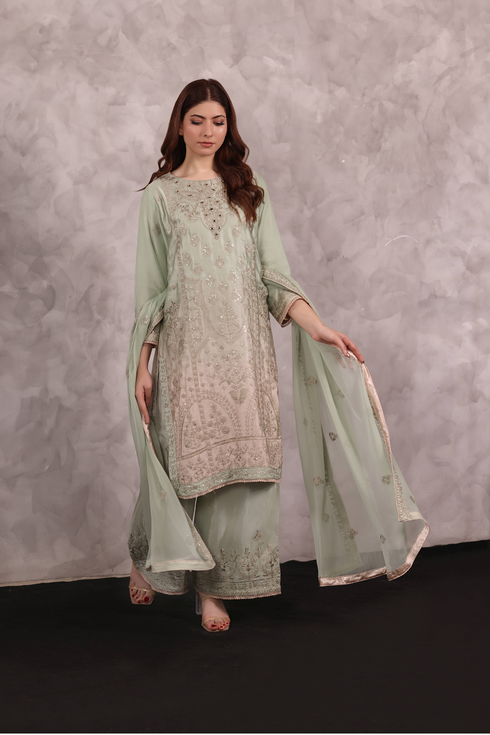 Areeba Raw Silk 3 Piece Set - Mint to Blush