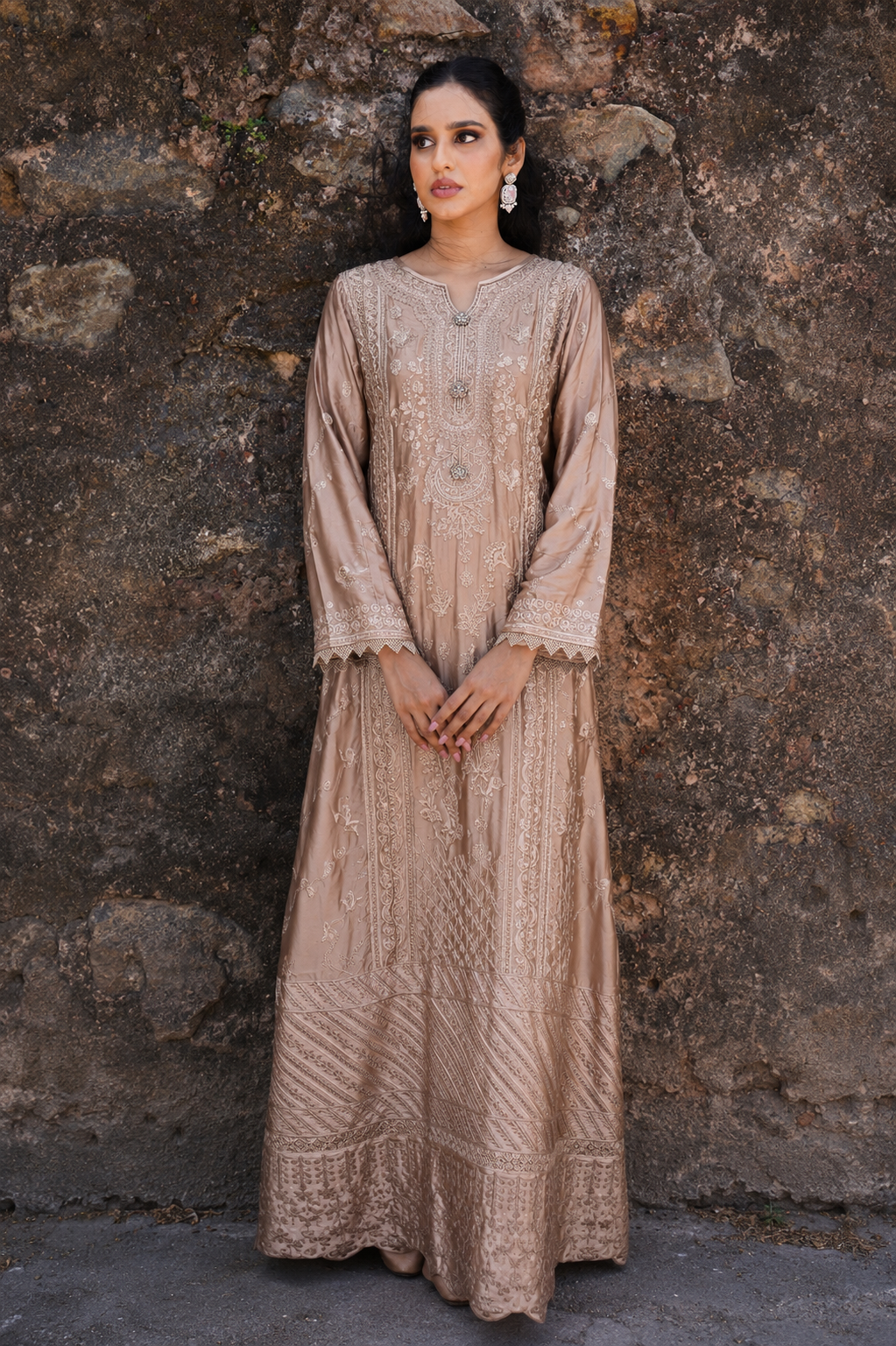 Areeba Silk Gown 3 Piece Set - Bronze