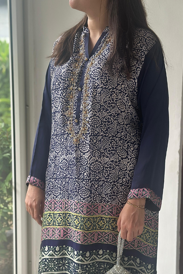 Reem Printed Kurta Navy Blue