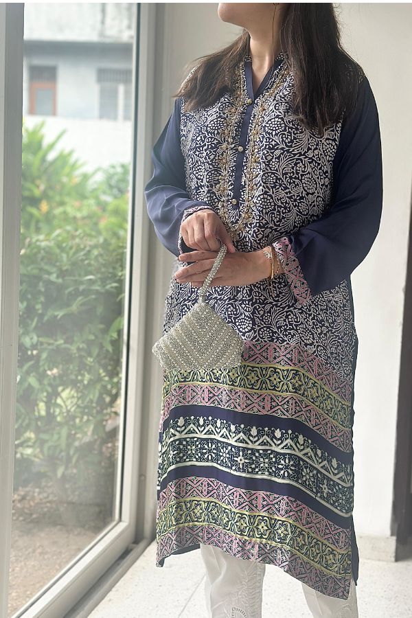 Reem Printed Kurta Navy Blue