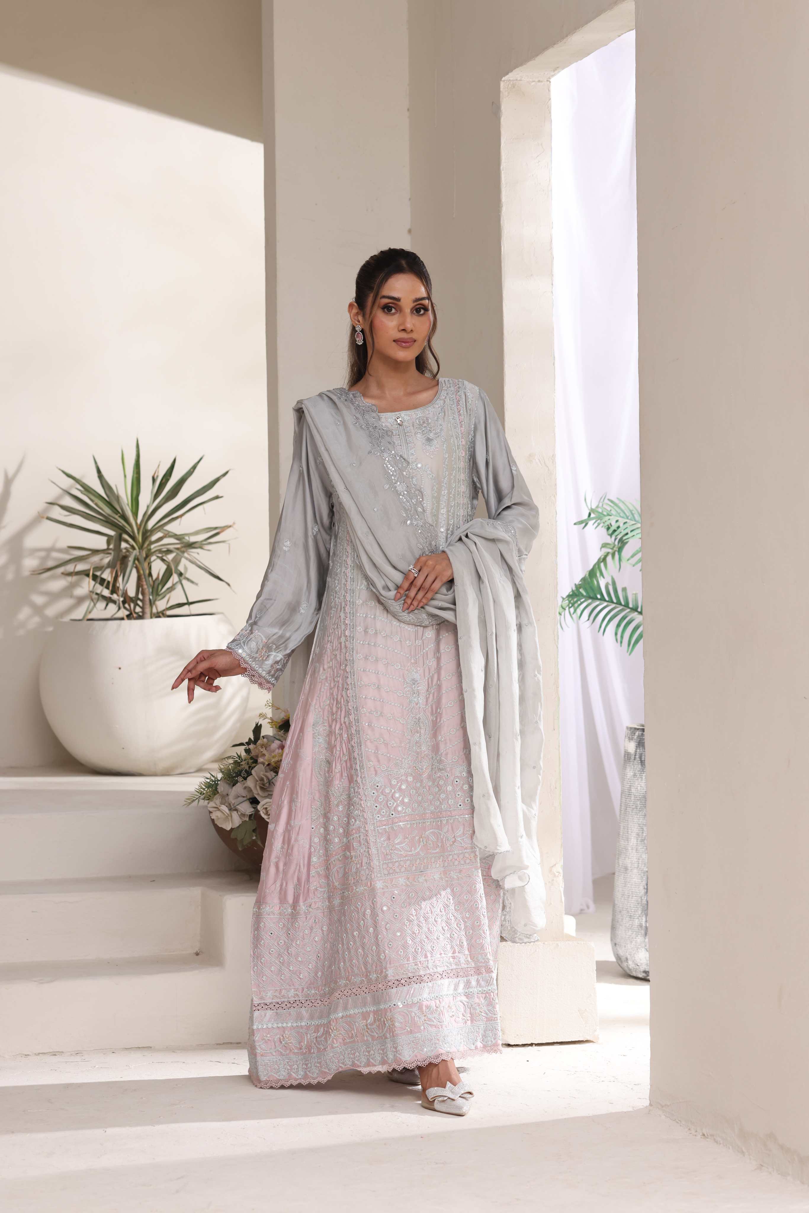 Areeba Silk Gown 3 Piece Set - Grey to Pink