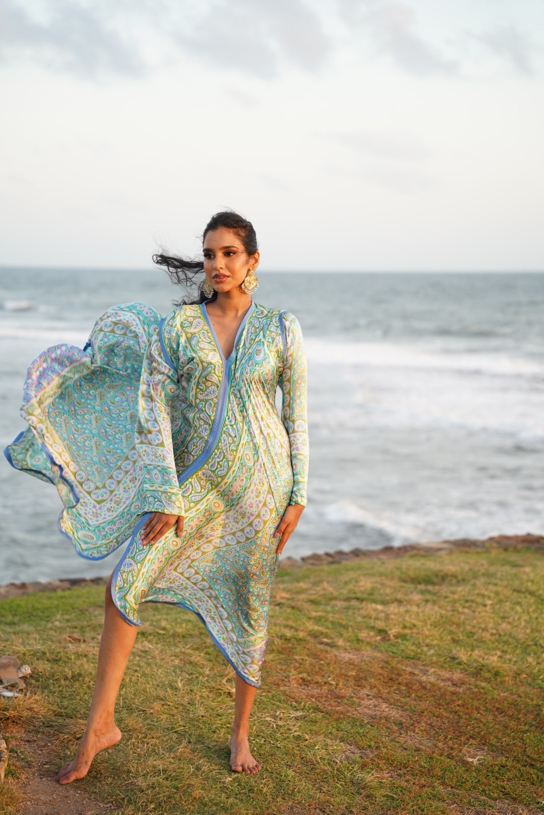 Printed Flared Kaftan - Blue & Green
