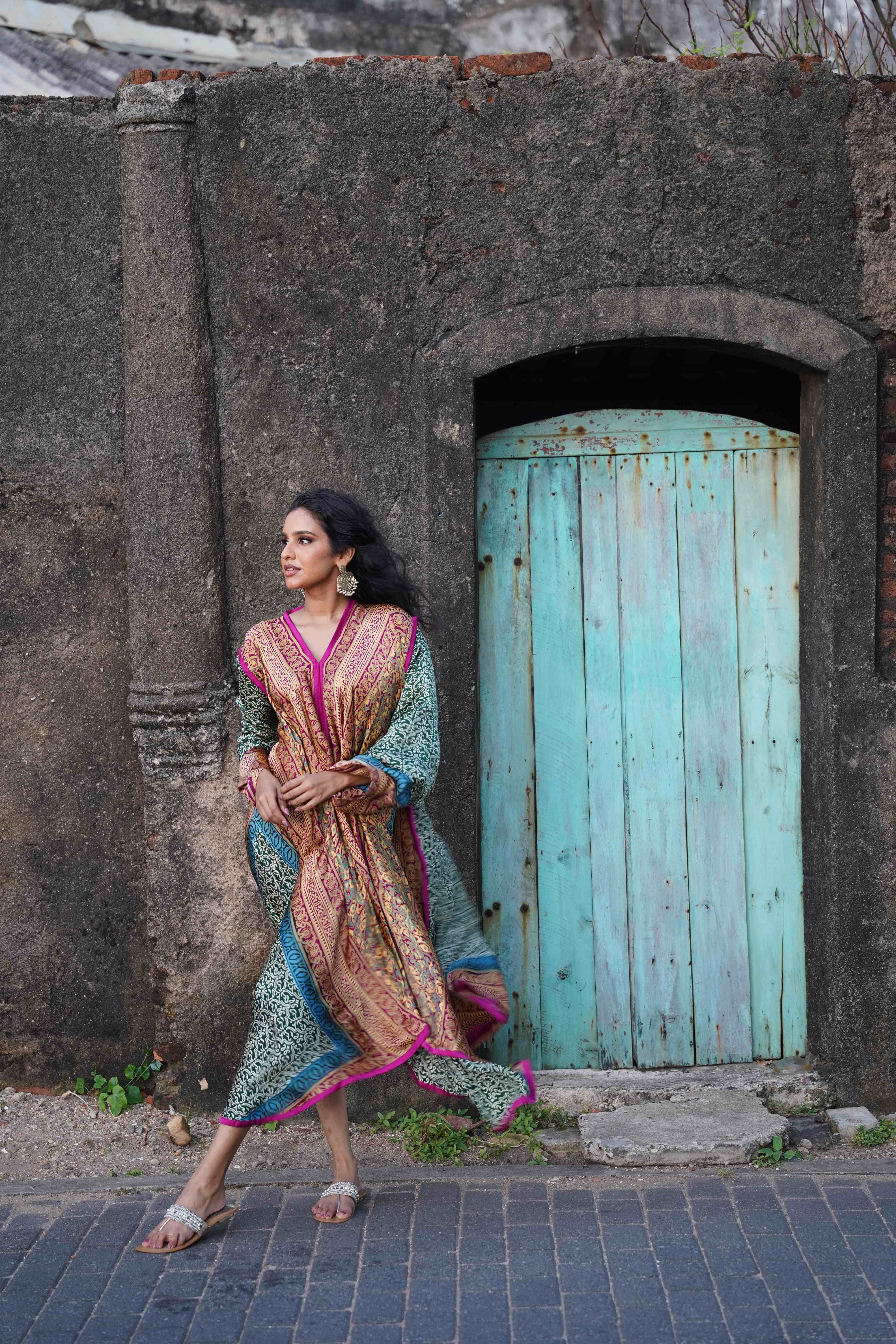 Printed Flared Kaftan - Magenta & Gold
