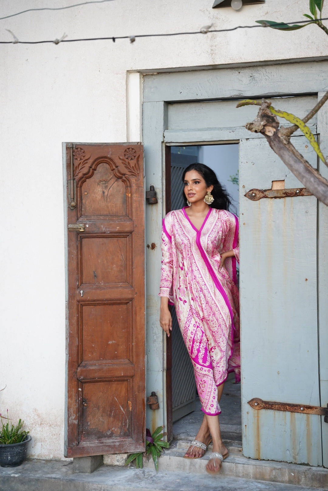 Printed Flared Kaftan - Magenta & Baby Pink