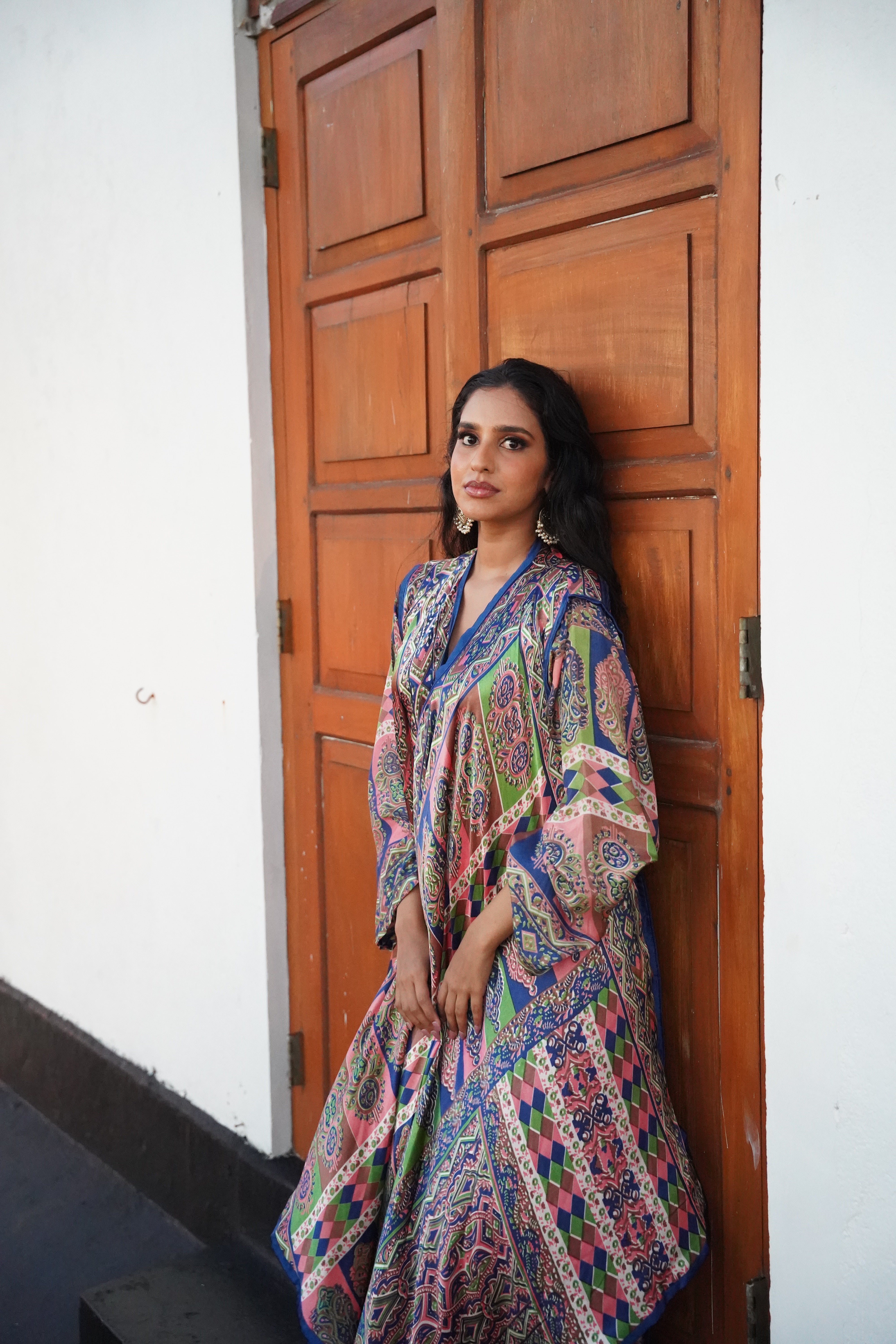 Printed Flared Kaftan - Navy Blue & Salmon Pink