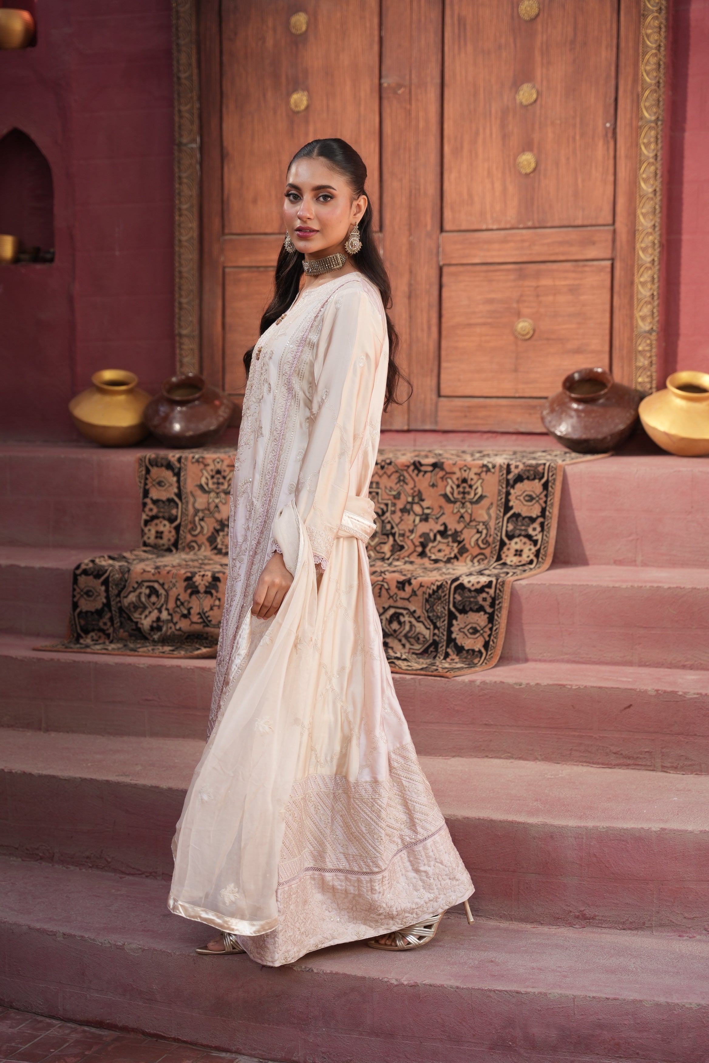 Areeba Silk Gown 3 Piece Set - Beige to Pink