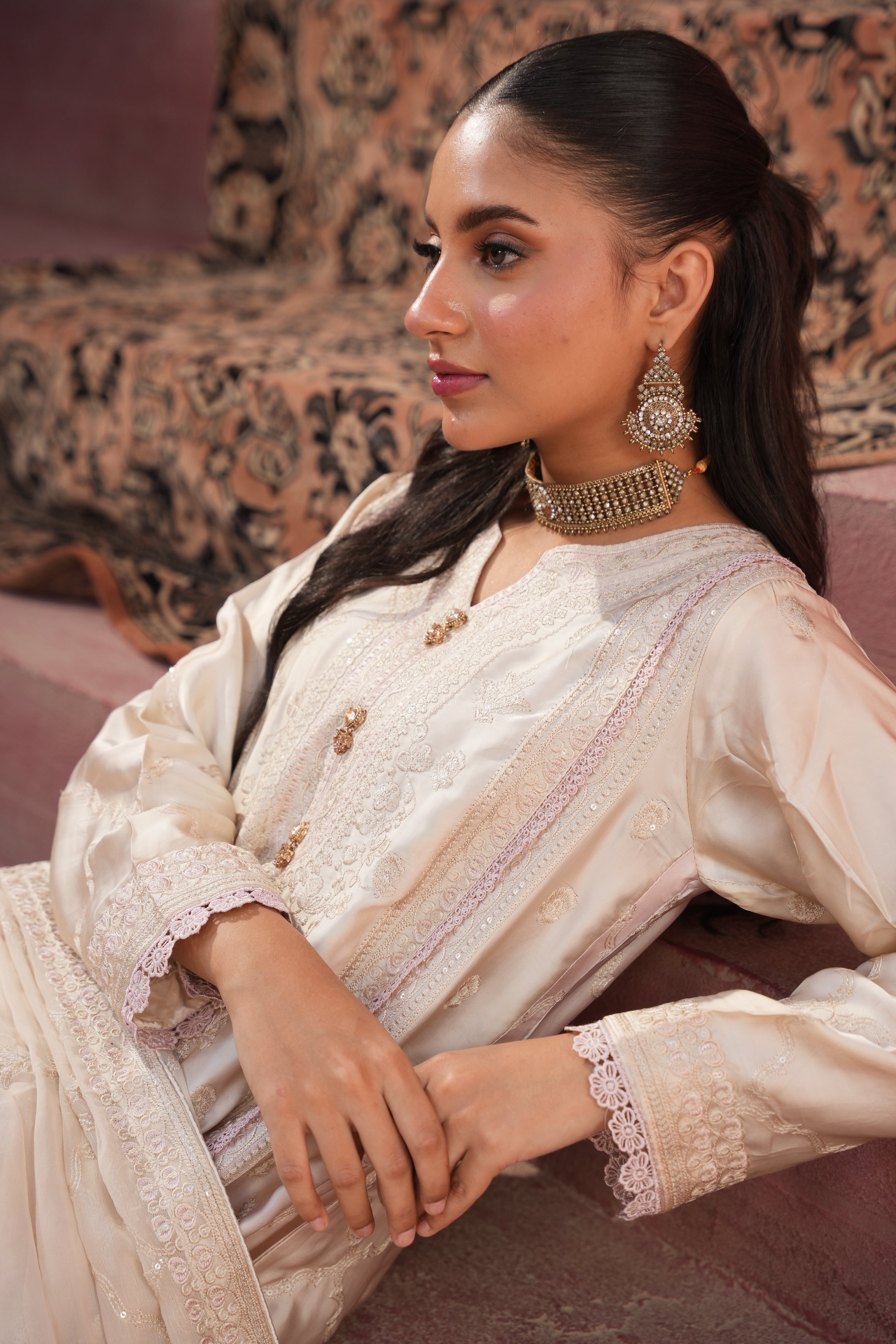 Areeba Silk Gown 3 Piece Set - Beige to Pink