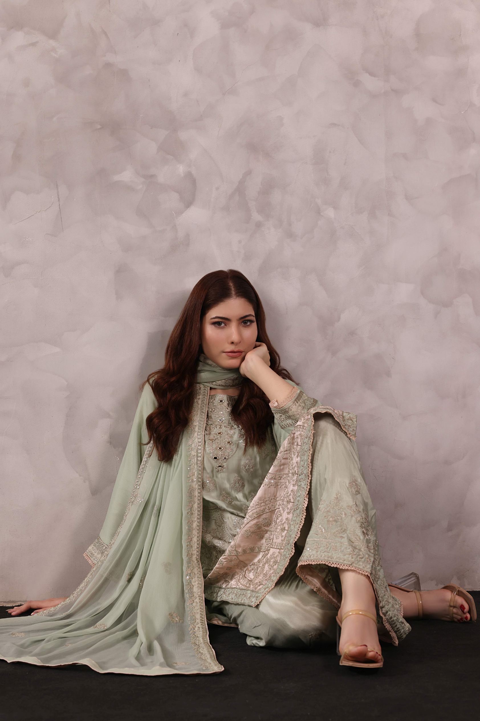Areeba Raw Silk 3 Piece Set - Mint to Blush