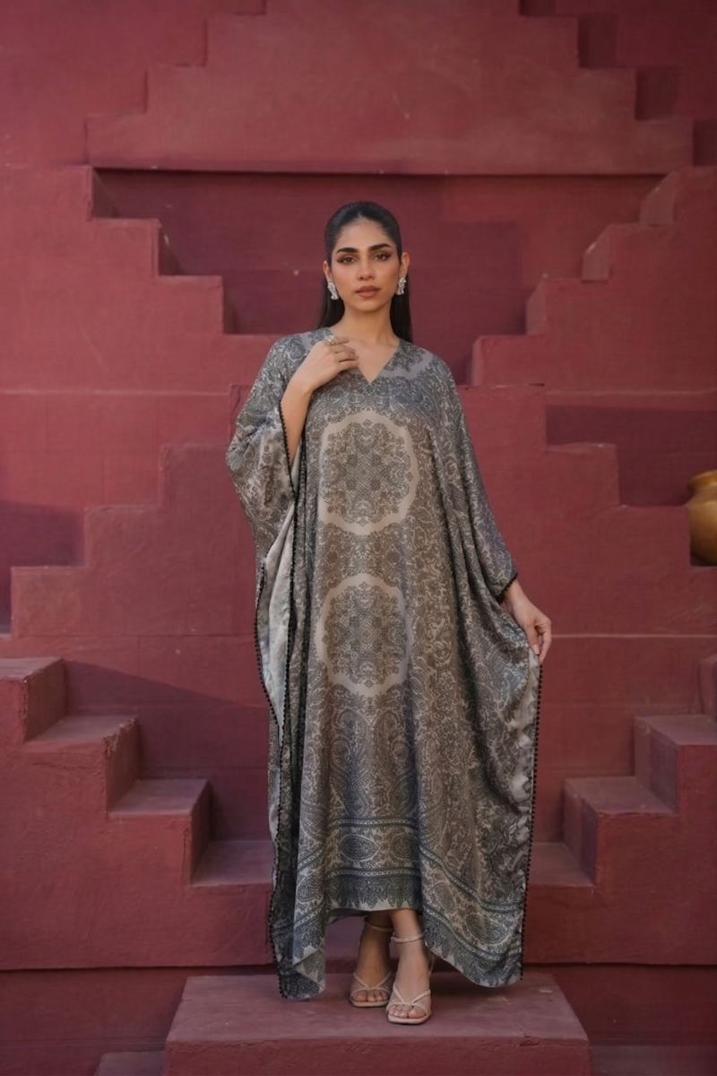 PRINTED BUTTERFLY KAFTAN - GREY