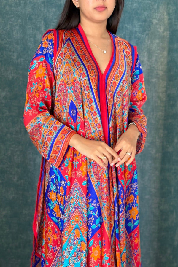Kaamil Flared Kaftan - Blue and Red