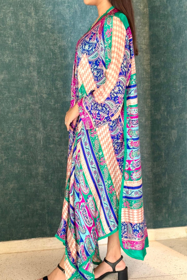 Kaamil Flared Kaftan - Green and Magenta